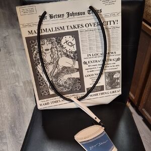 Betsey Johnson Newspaper Print Tote with Blue Cardholder